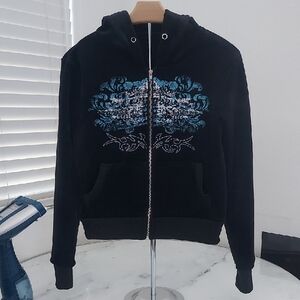 SHEIN Black and Blue Zip Up Sweater with Geometric Design